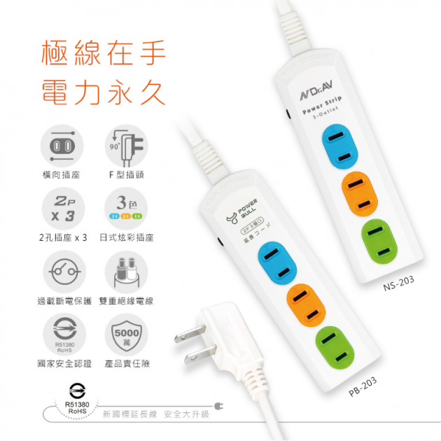 Dr.AV 聖岡科技 PB-203-3炫彩橫向3插2P延長線